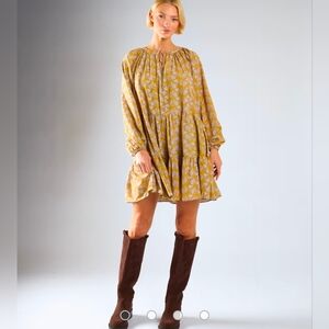 Glamorous Mustard Yellow & White Floral Tiered Dress Boho Cottagecore Mini Dress
